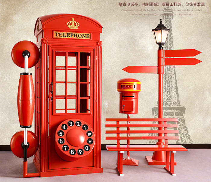 工業風鐵藝新款電話亭套裝大型落地擺件